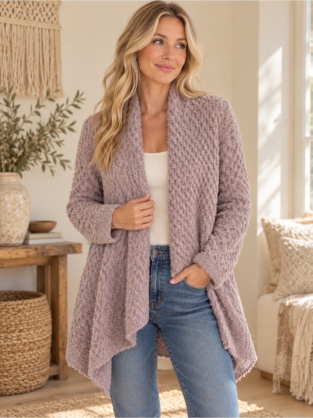 Olivia Sky Open-Front Bouclé Cardigan - Dusty Tan